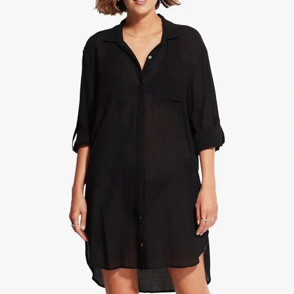 Seafolly Australia Crinkle Twill Beach Shirt | Black | Size S | Like New - Picture 1 of 14